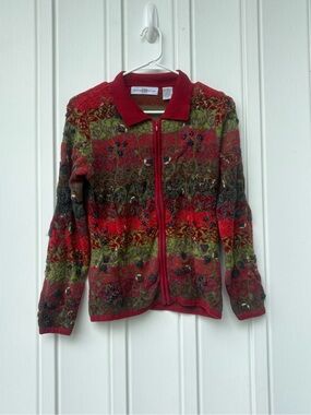 VTG Marisa Christina Tapestry Zip Front Cardigan Sweater Small Red Green